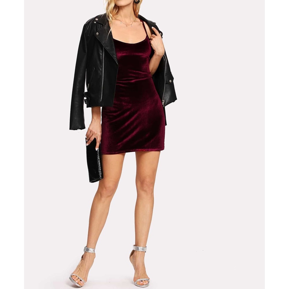 Burgundy Lace Up Back Velvet Cami Mini Dress - Picture 3 of 5